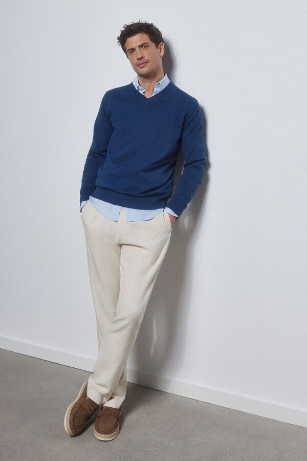 Pedro del Hierro Jersey algod&oacute;n cuello pico b&aacute;sico Azul