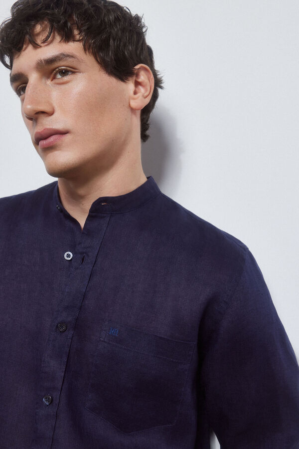 Pedro del Hierro camisa linho gola mao Azul