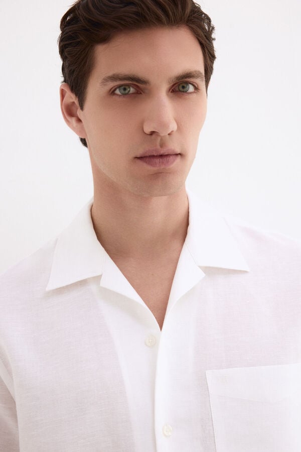 Pedro del Hierro Camisa manga curta em linho e algod&atilde;o Branco
