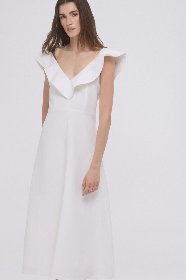 Pedro del Hierro Vestido volantes viscosa y lino Crudo