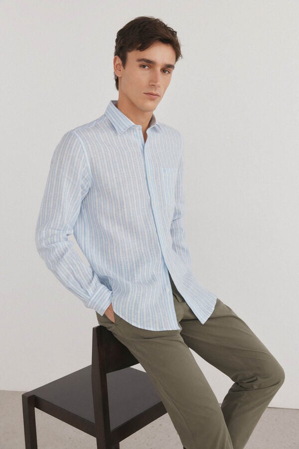 Pedro del Hierro Camisa riscas de linho Azul