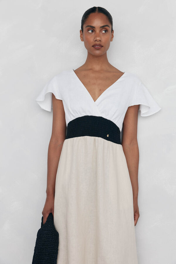 Pedro del Hierro Vestido de linho com contraste flu&iacute;do Marrom