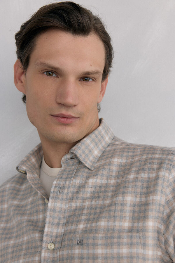 Pedro del Hierro Camisa cuadros franela tejido italiano Beige