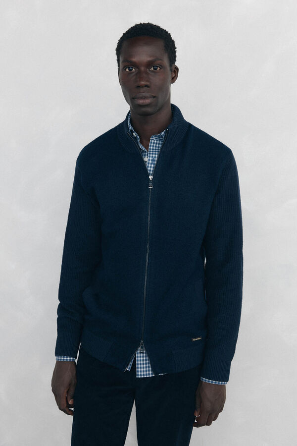 Pedro del Hierro Cardigan de algod&atilde;o premium para o Natal com fecho de fecho-&eacute;clair Azul