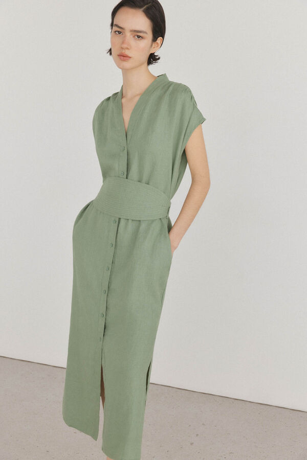 Pedro del Hierro Vestido t&uacute;nica de linho com cinto Verde