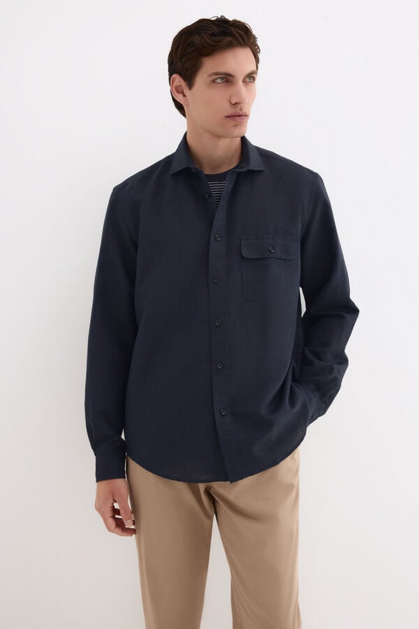 Pedro del Hierro Camisa em linho com bolsos Azul