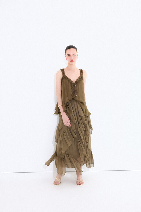 Pedro del Hierro Saia rom&acirc;ntica com folhos Verde
