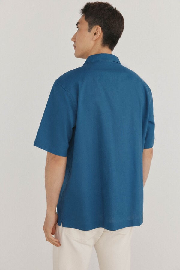 Pedro del Hierro Camisa lisa manga corta tejido lino Azul