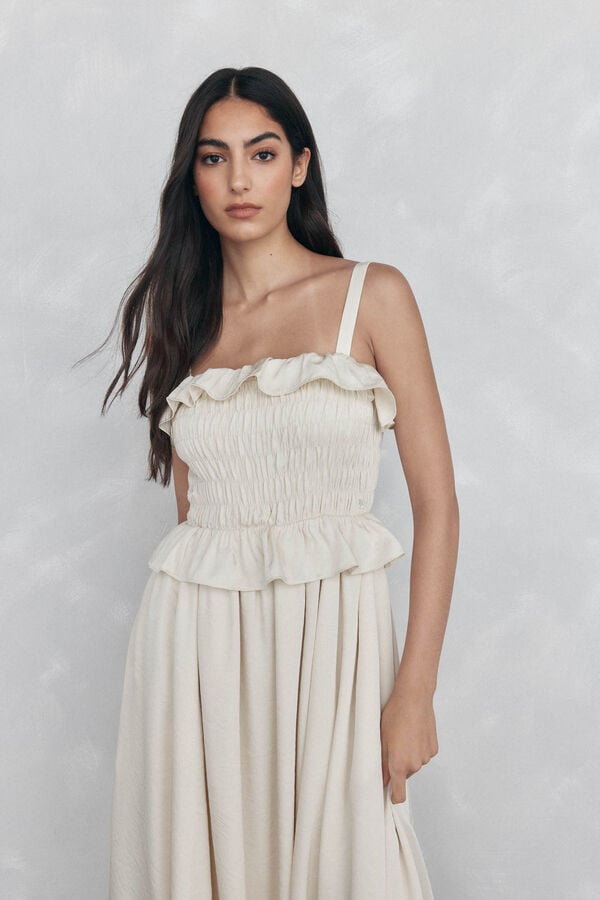 Pedro del Hierro Vestido emborrachado com babados Beige