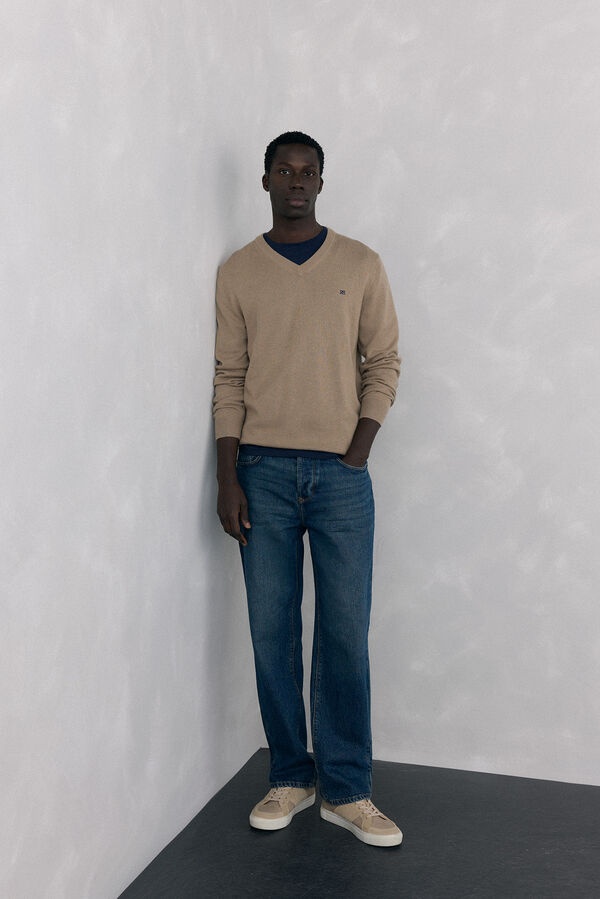Pedro del Hierro Jersey cuello pico lana merino y cashmere Beige