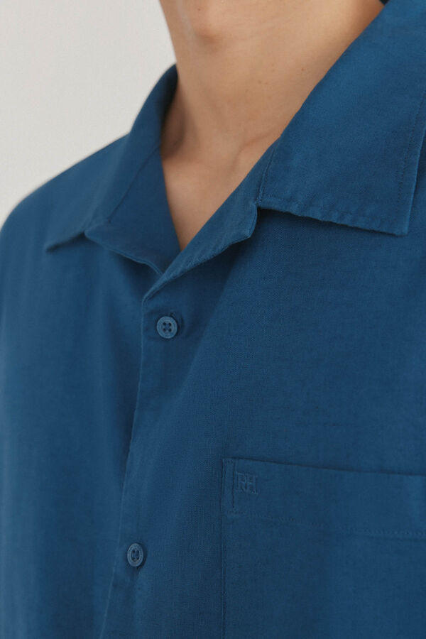 Pedro del Hierro Camisa lisa manga corta tejido lino Azul