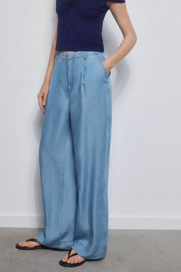 Pedro del Hierro Pantal&oacute;n wide leg cropped 100% tencel&trade; lyocell Azul