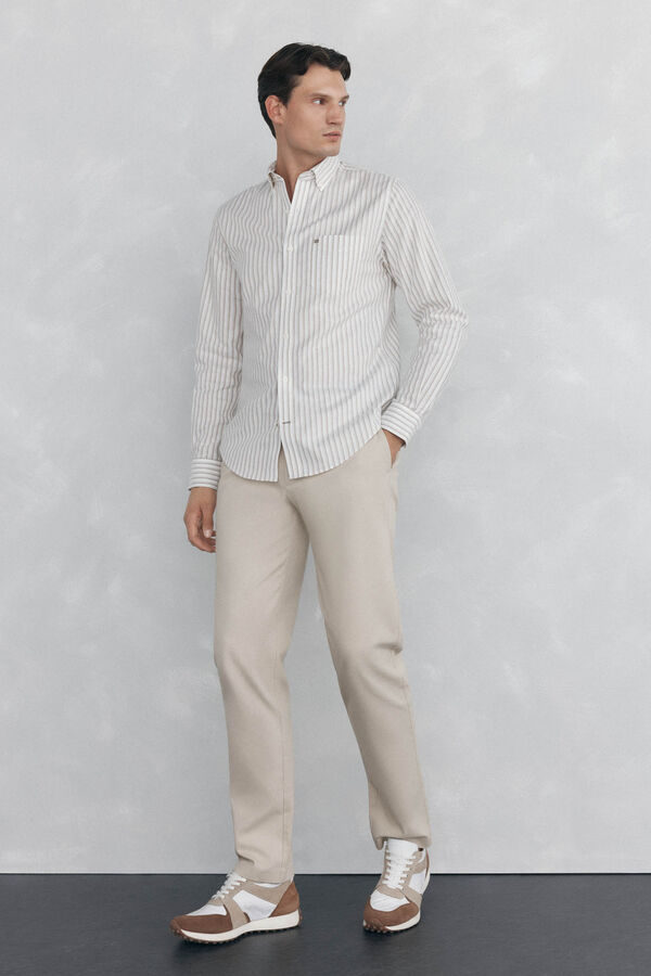 Pedro del Hierro Camisa oxford riscas sem ferro Beige
