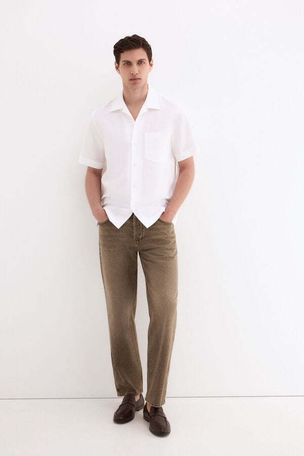 Pedro del Hierro Camisa manga curta em linho e algod&atilde;o Branco