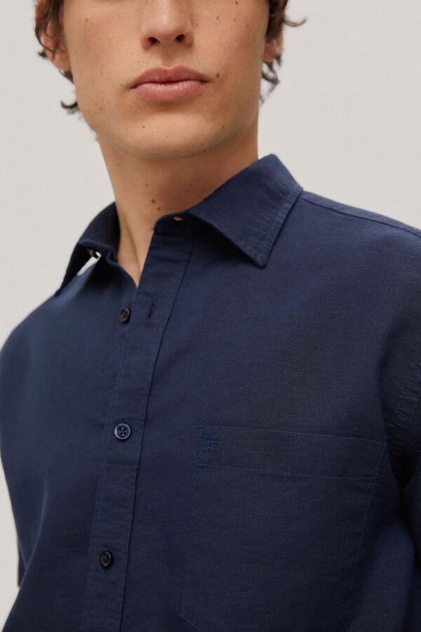 Pedro del Hierro Camisa de manga curta em linho liso de algodão Azul