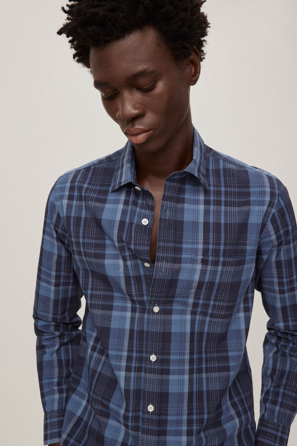 Pedro del Hierro Camisa algod&atilde;o linho quadrados Azul