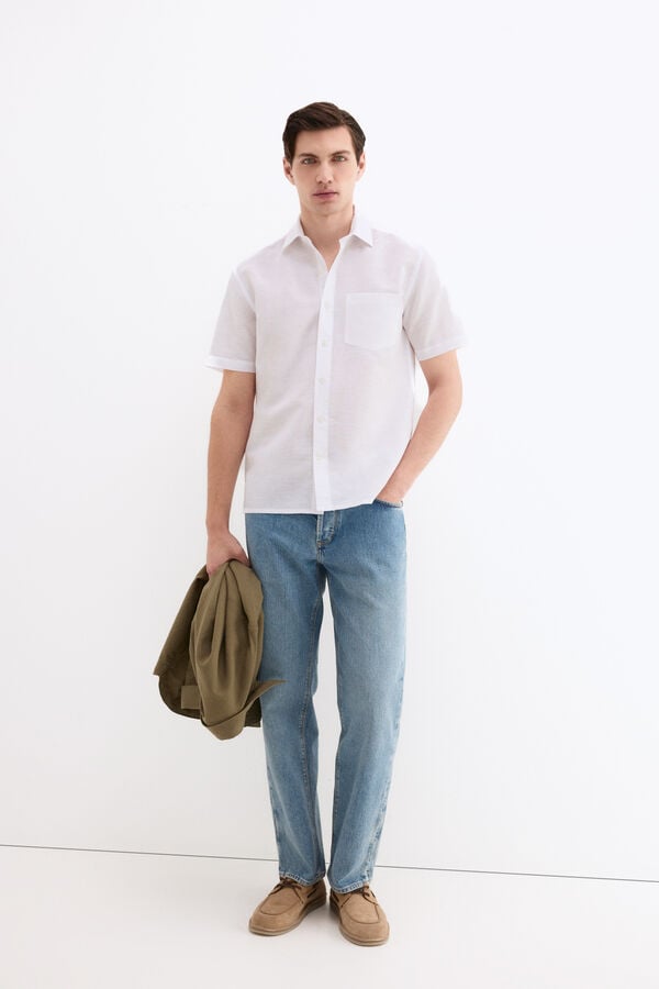 Pedro del Hierro Camisa lisa em linho e algod&atilde;o Branco