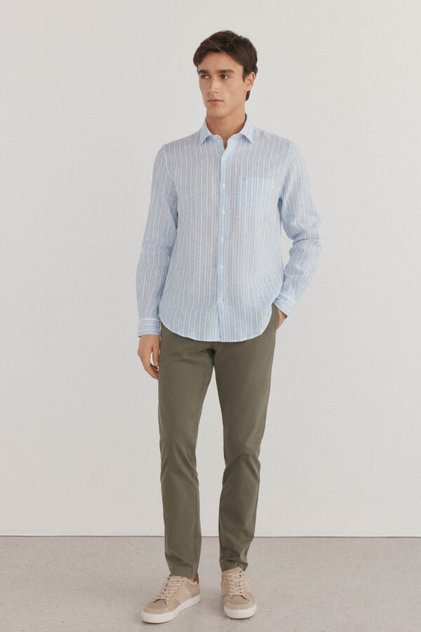 Pedro del Hierro Camisa riscas de linho Azul