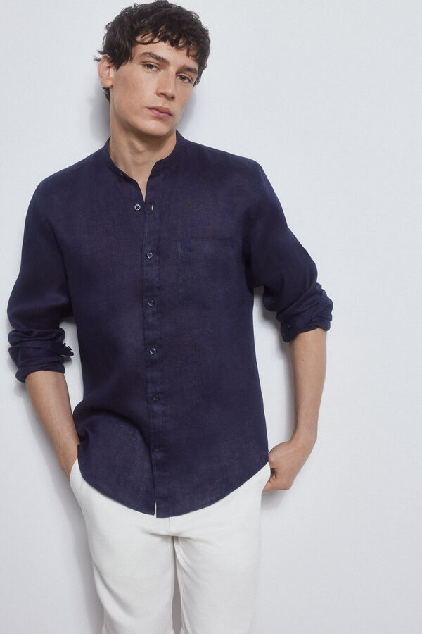 Pedro del Hierro camisa linho gola mao Azul