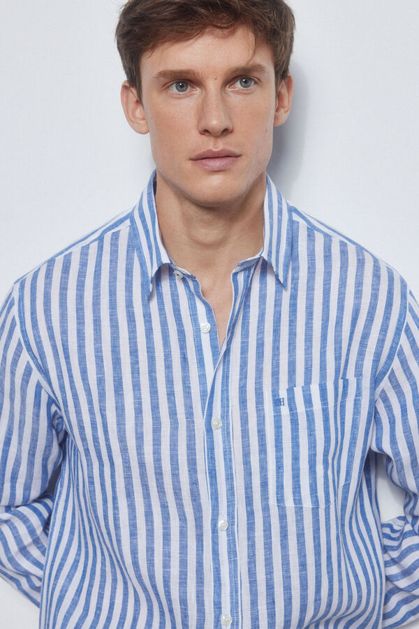 Pedro del Hierro Camisa lino rayas Azul