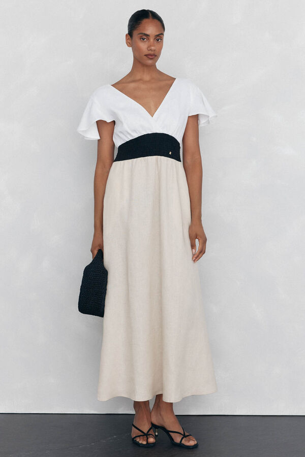 Pedro del Hierro Vestido de linho com contraste flu&iacute;do Marrom