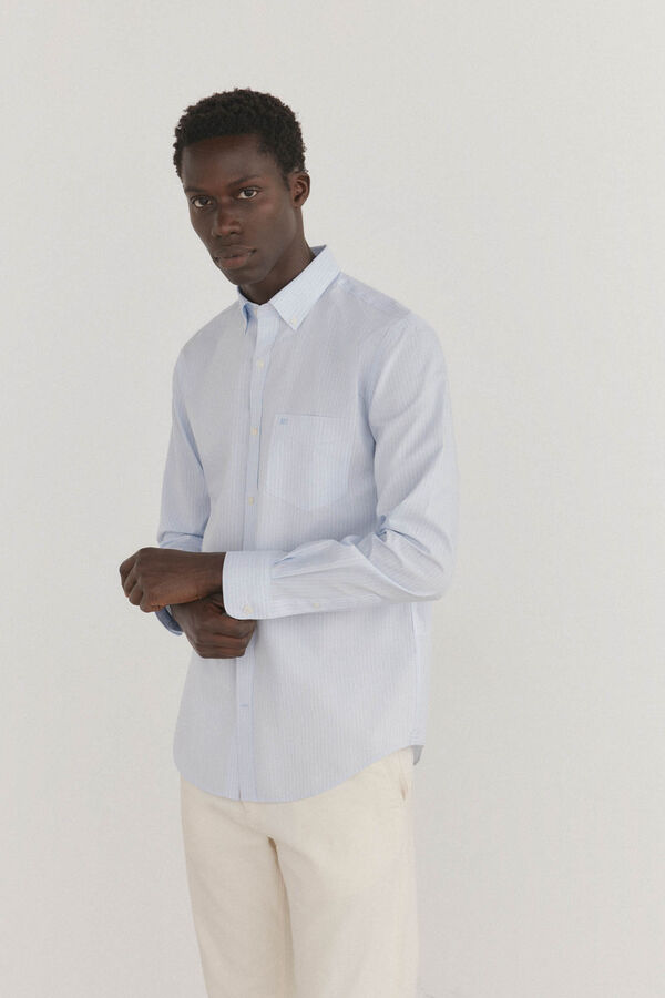 Pedro del Hierro Camisa riscas que n&atilde;o pode ser passada a ferro + resistente a manchas Azul