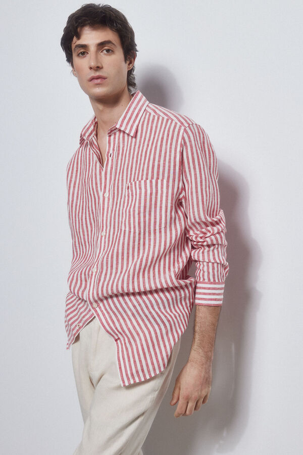 Pedro del Hierro Camisa lino rayas Rojo