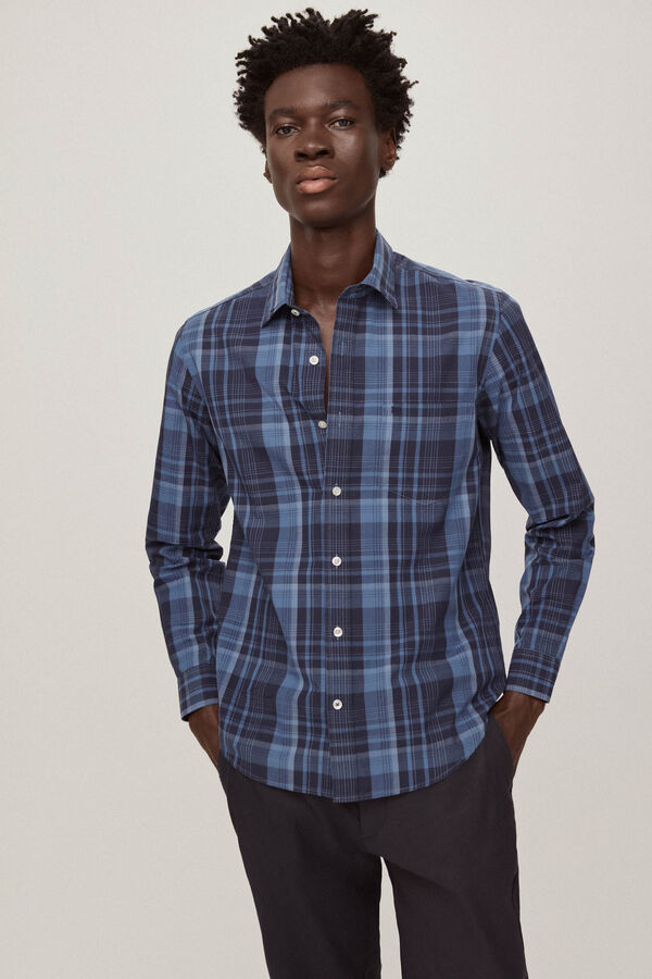 Pedro del Hierro Camisa algod&atilde;o linho quadrados Azul