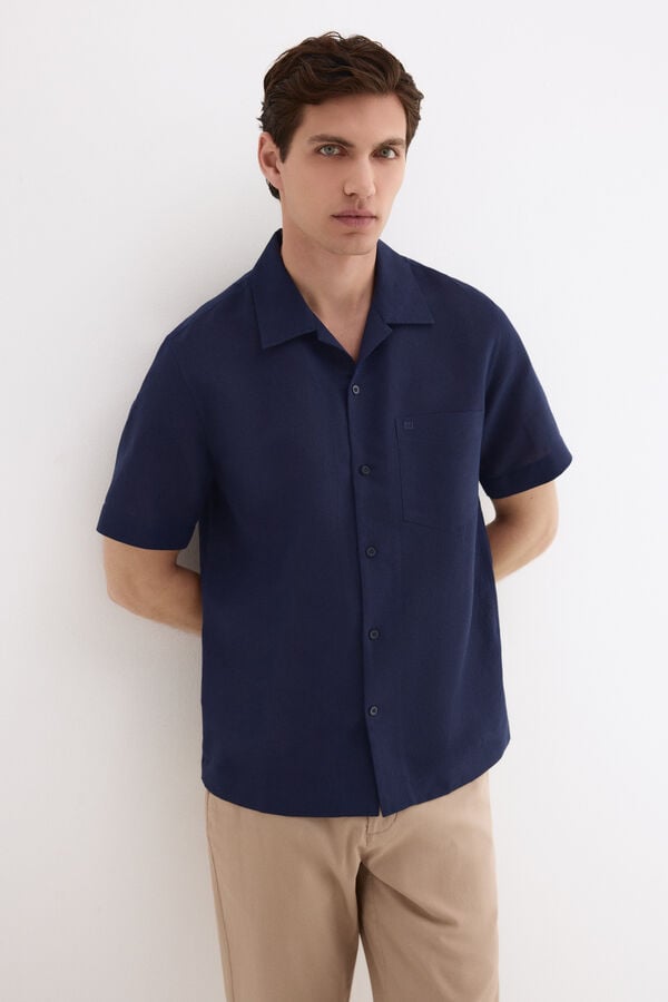 Pedro del Hierro Camisa manga curta em linho e algod&atilde;o Azul