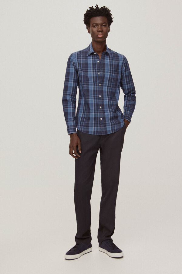 Pedro del Hierro Camisa algod&atilde;o linho quadrados Azul