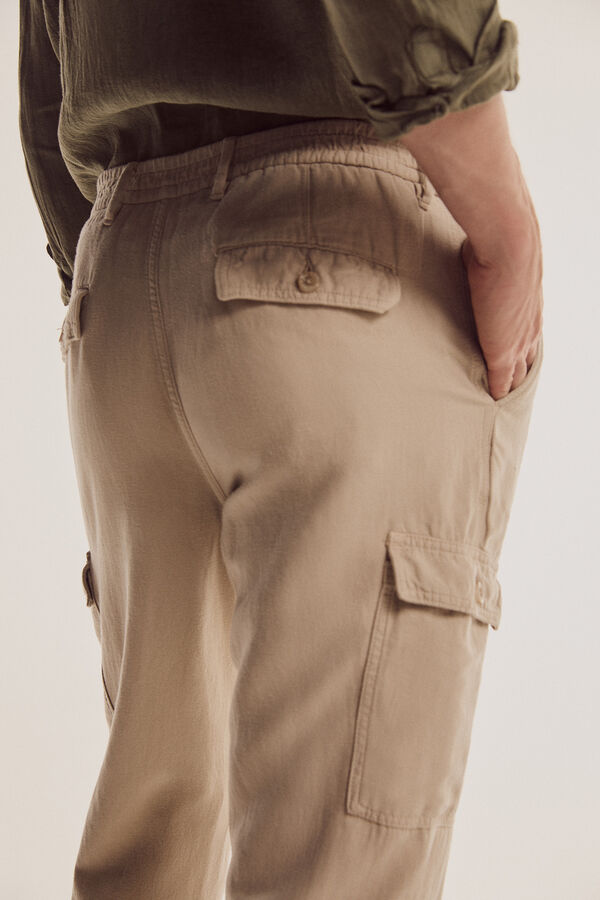 Pedro del Hierro Pantal&oacute;n cargo algod&oacute;n y lino Beige