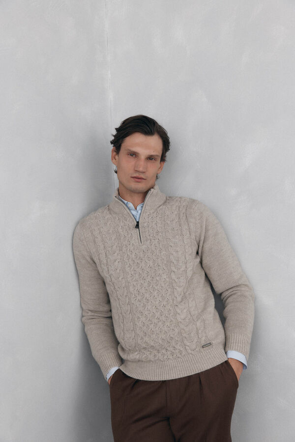 Pedro del Hierro Su&eacute;ter de l&atilde; estruturado com fecho-&eacute;clair Beige