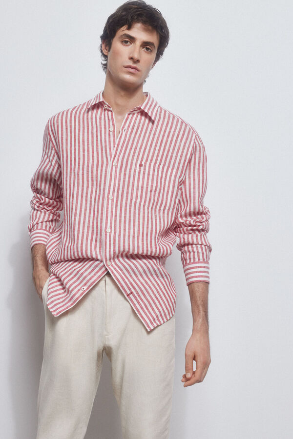 Pedro del Hierro Camisa lino rayas Rojo