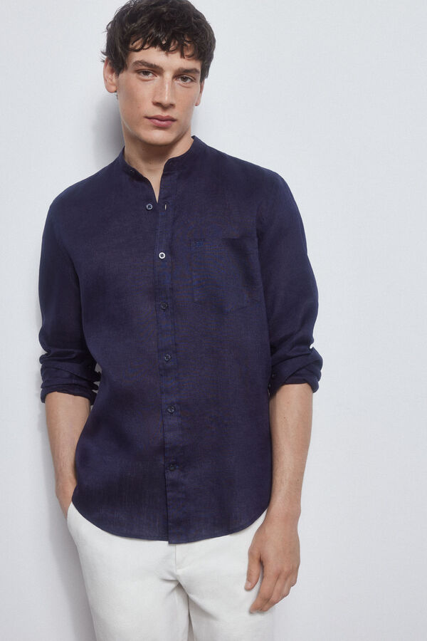 Pedro del Hierro camisa linho gola mao Azul