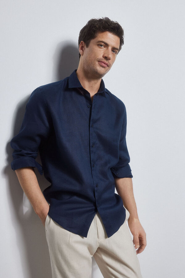 Pedro del Hierro Camisa ramio wrinkle free Azul