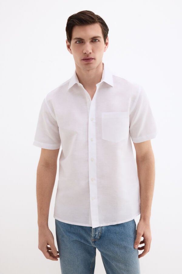 Pedro del Hierro Camisa lisa em linho e algod&atilde;o Branco