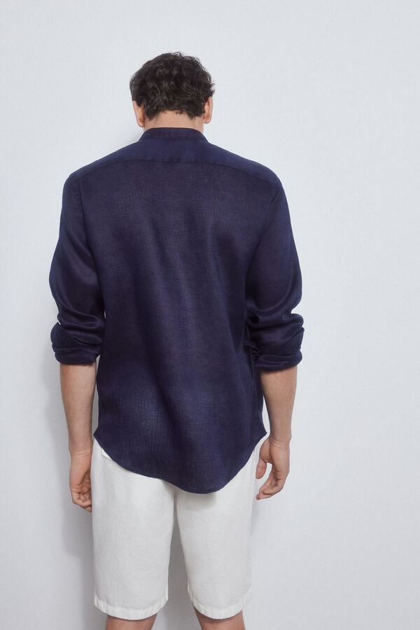 Pedro del Hierro camisa linho gola mao Azul