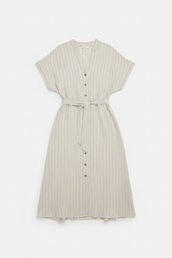 Springfield Vestido lino  camisero rayas marfil