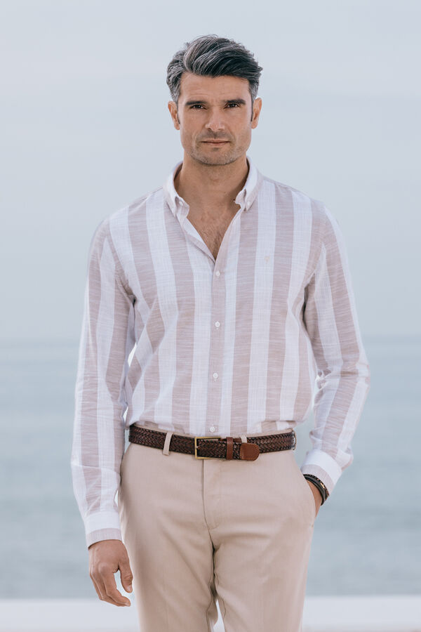 Celopman Camisa bege listrada larga bege