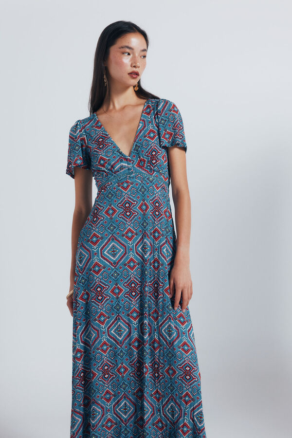 Springfield Vestido midi lace insertado estampado &eacute;tnico turquesa