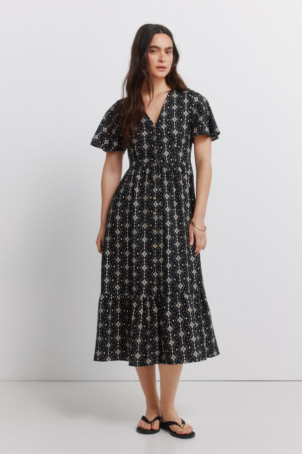 Springfield Vestido midi camisero estampado lino negro