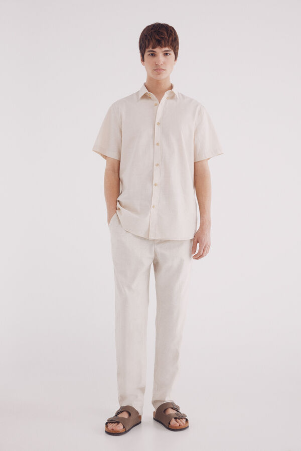 Springfield Camisa de algod&atilde;o de manga curta com micro listras bege