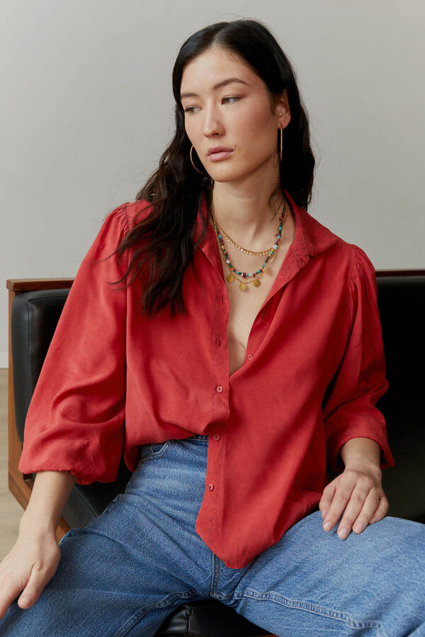 System Action Camisa manga comprida com bot&otilde;es efeito lavado vermelho