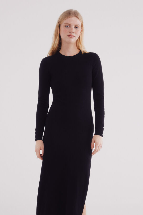 Springfield Vestido midi de malha com bot&otilde;es e punhos preto