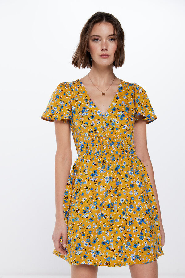 Springfield Vestido Corto Cintura Nido de Abeja amarillo