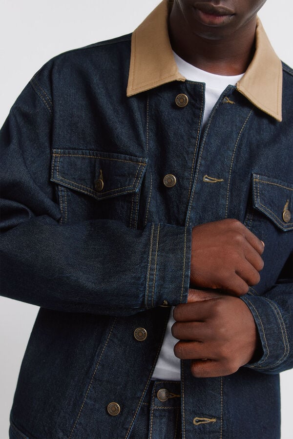 Springfield Jaqueta jeans oversized com gola contrastante azul