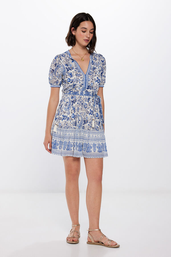 Springfield Vestido Corto Paisley Cenefas blanco