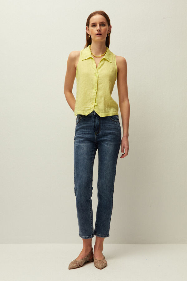 Systemaction Chaleco lino cuello camisero amarillo