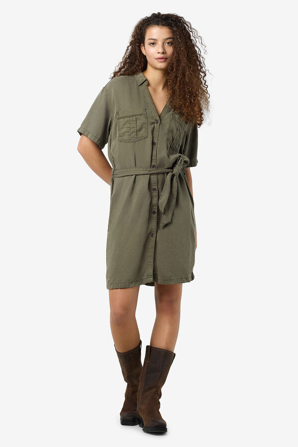 Noisy May Vestido com decote em bico e abotoamento frontal, com la&ccedil;ada na cintura. Textura leve. verde