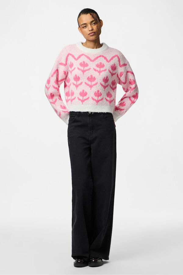 Pieces Su&eacute;ter com gola redonda e estampado floral branco